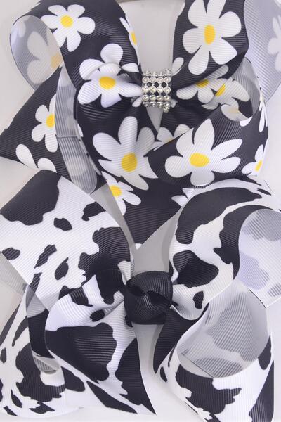 Hair Bow Jumbo Cow Daisy Flower Pattern Mix Grosgrain Bow-tie / 12 pcs Bow = Dozen Alligator Clip , Size - 6" x 5" Wide , 6 of each Pattern Asst , Clip Strip & UPC Code