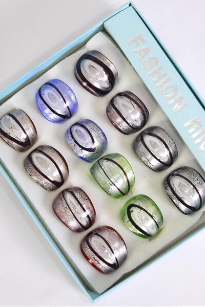 Rings Venetian Glass Multi / 12 pcs = Dozen Width 0.75" Wide , Size - 6  7  8  9 Mix , 2 of each Color Asst , 1 DZ Velvet Ring Display Window Box , W OPP bag & UPC Code