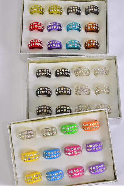 Rings Acrylic Oblong Shape Rhinestones / 12 pcs = Dozen Pre 6 7 8 9 Size Mix , Choose Colors , Velvet Ring Display Box , Opp bag & UPC Code 