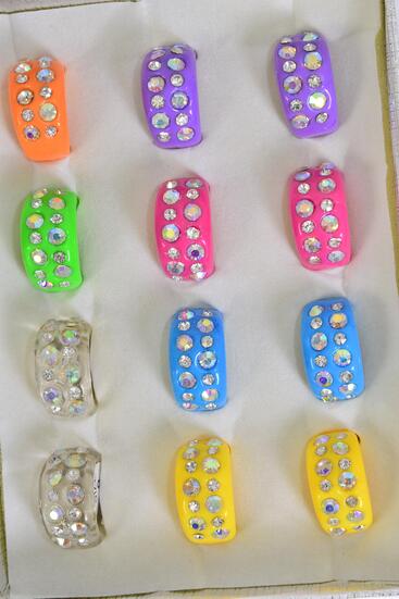 Rings Acrylic Oblong Clear Rhinestones Citrus / 12 pcs = Dozen Multi , Citrus , Size - 7  8  9 Mix , 2 Fuchsia , 2 Purple , 2 Yellow , 2 Orange , 1 Lime , 1 Blue , 2 Red Color Asst
