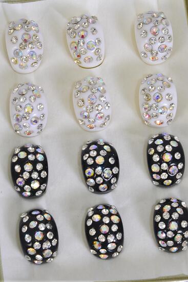 Rings Acrylic Dome Rhinestones Black White Color Asst / 12 pcs = Dozen Size - 7 8 9 Pr Size Mix , 6 Black , 6 White Color Asst , Ring Display Box & OPP Bag & UPC Code