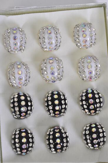 Rings Acrylic Dome Rhinestones Black White Color Mix / 12 pcs = Dozen 6 Black , 6 White Mix , Size - 7 8 9 Mix , Velvet Ring Display Box & OPP Bag &  UPC Code 
