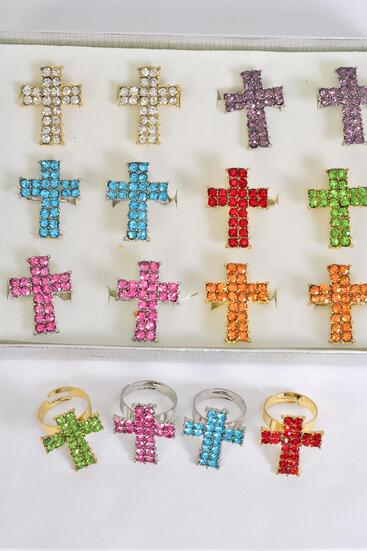 Rings Cross Metal Gold Silver Mix w Color Rhinestones / 12 pcs = Dozen Adjustable , Cross Size - 1.5" x 1" Wide , 2 Red , 2 Clear , 2 Blue , 2 Purple , 2 Fuchsia , 1 Yellow ,1 Lime Color Asst .