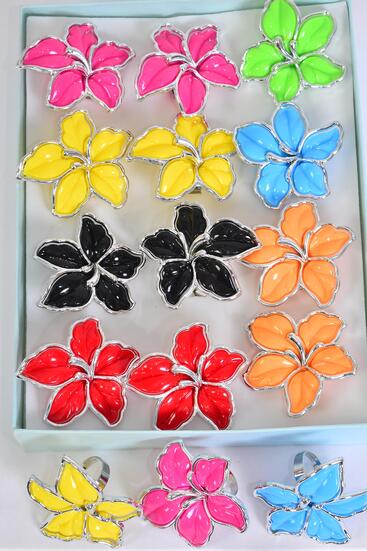 Rings Flower Daylily Multi Adjustable / 12 pcs = Dozen Adjustable , Size - 1.75" Wide , 2 Red , 2 Black , 2 Fuchsia , 2 Lime , 2 Yellow , 1 Orange , 1 Blue Color Asst