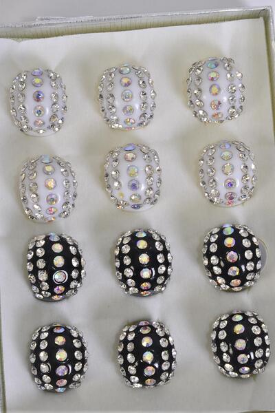 Rings Acrylic Dome Rhinestones / 12 pcs = Dozen Size - 7  8  9 Mix , Choose Colors , Velvet Ring Display Box & OPP Bag & UPC Code 
