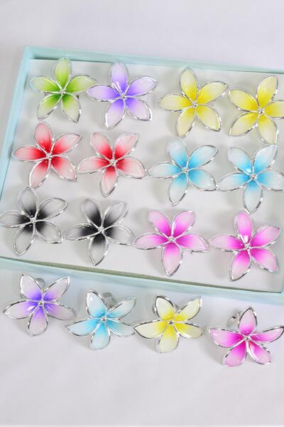 Rings Poly Flower Gradient Pastel Color Asst / 12 pcs = Dozen Adjustable , Flower Size - 1.5" Wide , 2 Fuchsia , 2 Purple , 2 Yellow , 2 Blue , 2 Black , 1 Red , 1 Lime Color Mix
