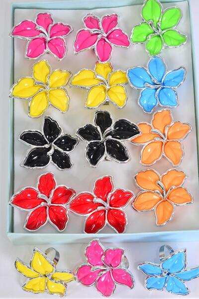 Rings Flower Daylily Multi Adjustable / 12 pcs = Dozen Adjustable , Size - 1.75" Wide , 2 Red , 2 Black , 2 Fuchsia , 2 Lime , 2 Yellow , 1 Orange , 1 Blue Color Asst