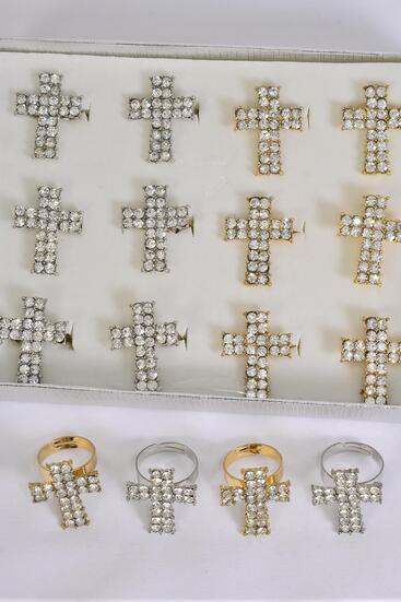 Rings Cross Metal Gold Silver Mix w Clear Rhinestones / 12 pcs = Dozen Adjustable , Cross Size - 1.5" x 1" Wide , 6 Gold , 6 Silver Color Mix , 1Dz Velvet Display Window Box & OPP Bag & UPC Code