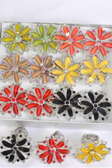 Rings Acrylic Large Cluster Flower Color Stones Multi Stretch / 12 pcs = Dozen Stretch , Flower Size - 1.5" Wide , 2 Black , 2 Red , 2 Fchsia , 2 Purple , 1 White , 1 Orange , 1 Yellow , 1 Lime Color Asst