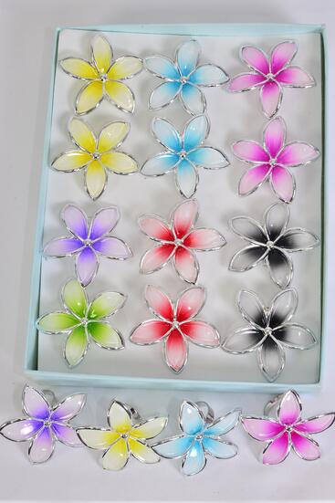 Rings Poly Flower Pastel Color Asst Adjust / 12 pcs = Dozen Adjustable , Flower Size - 1.5" Wide , 2 Fuchsia , 2 Purple , 2 Yellow , 2 Blue , 2 Black , 1 Red , 1 Lime Color Mix