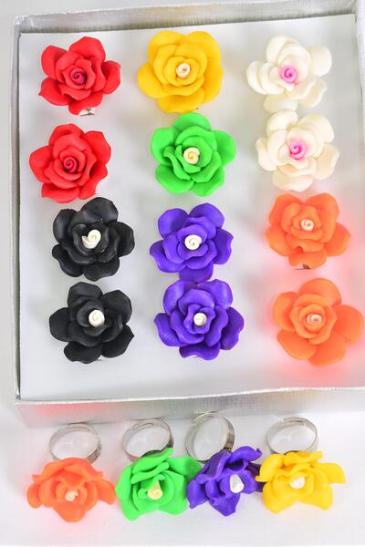 Rings Rose Multi Adjustable / 12 pcs = Dozen  Adjustable , Flower - 1" , 2 Black , 2 Red , 2 Yellow , 2 Purple , 2 Orange , 1 White , 1 Green Color Asst , 1 DZ Velvet Ring Display Box w OPP Bag