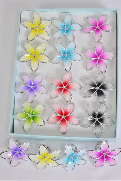 Rings Poly Flower Pastel Color Asst Adjust / 12 pcs = Dozen Adjustable , Flower Size - 1.5" Wide , 2 Fuchsia , 2 Purple , 2 Yellow , 2 Blue , 2 Black , 1 Red , 1 Lime Color Mix