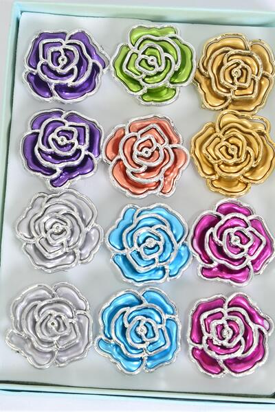 Ring Poly Rose Metallic Silver Trim Multi / 12 pcs = Dozen Adjustable , Rose Size - 1.25" Wide , 2 Gold , 2 Silver , 2 Fuchsia , 2 Blue , 2 Purple , 1 Lime , 1 Orange Color Asst