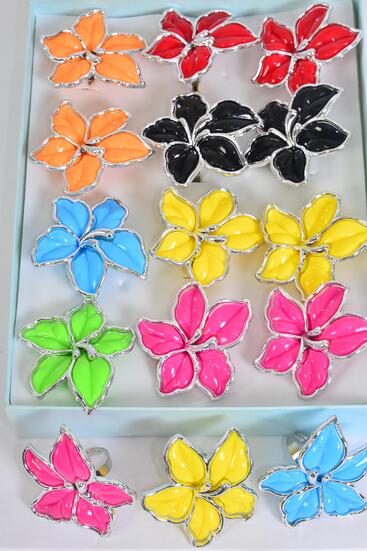 Rings Flower Lily Multi Adjustable / 12 pcs = Dozen Adjustable , Size - 1.75" Wide , 2 Red , 2 Black , 2 Fuchsia , 2 Lime , 2 Yellow , 1 Orange , 1 Blue Color Asst