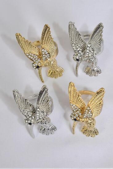 Rings Hummingbird Adjustable Gold Silver Mix Rhinestones / 12 pcs = Dozen Adjustable , Size - 1.5" x 0.75" Wide , 6 Gold & 6 Silver Color Mix , 1 DZ Velvet Display Box & OPP bag & UPC Code 