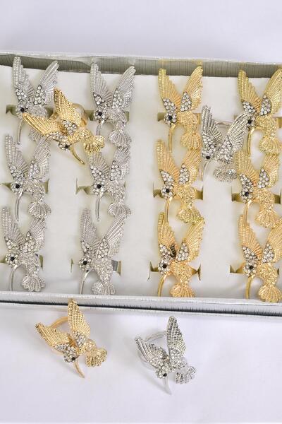 Rings Hummingbird Gold Silver Mix Rhinestones / 12 pcs = Dozen Adjustable , Size - 1.5" x 0.75" Wide , 6 Gold & 6 Silver Color Mix , 1 DZ Velvet Display Box & OPP bag & UPC Code 