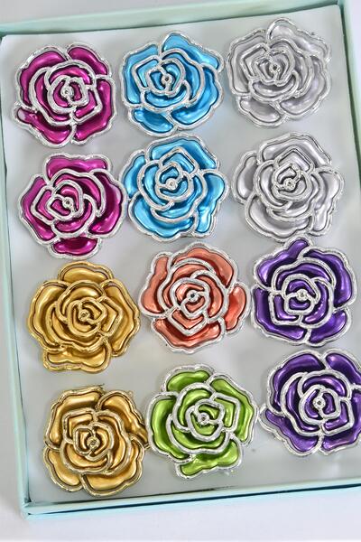 Ring Metallic Rose Multi / 12 pcs = Dozen Adjustable , Rose Size - 1.25" Wide , 2 Gold , 2 Silver , 2 Fuchsia , 2 Blue , 2 Purple , 1 Lime , 1 Orange Color Asst