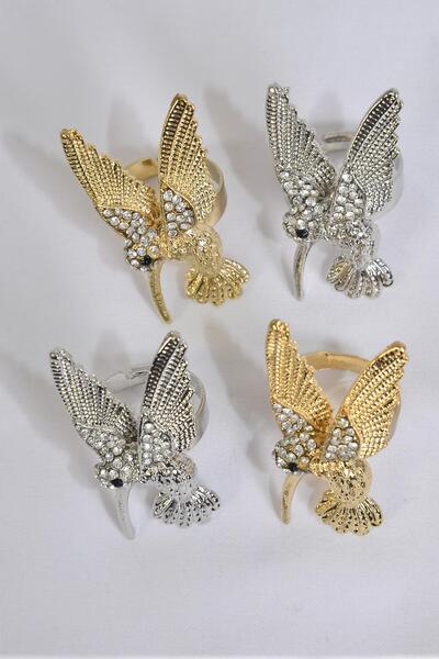 Rings Hummingbird Adjustable Gold Silver Mix Rhinestones / 12 pcs = Dozen Adjustable , Size - 1.5" x 0.75" Wide , 6 Gold & 6 Silver Color Mix , 1 DZ Velvet Display Box & OPP bag & UPC Code 