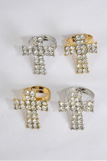 Rings Cross Metal Gold Silver Mix w Clear Rhinestones / 12 pcs = Dozen Adjustable , Cross Size - 1.5" x 1" Wide , 6 Gold , 6 Silver Color Mix , 1Dz Velvet Display Window Box & OPP Bag & UPC Code