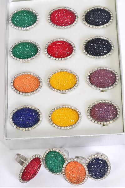 Rings Poly Oval Rhinestone All Around Multi / 12 pcs = Dozen Adjustable , Face Size - 1.25" x 1" Wide , 2 Purple , 2 Yellow , 2 Red , 2 Blue , 1 Pink , 1 Black , 1 Navy , 1 Clear Color Asst