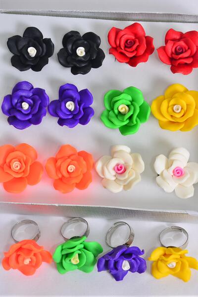 Rings Rose Adjustable Multi Asst / 12 pcs = Dozen  Adjustable , Flower - 1" , 2 Black , 2 Red , 2 Yellow , 2 Purple , 2 Orange , 1 White , 1 Green Color Asst , 1 DZ Velvet Ring Display Box w OPP Bag
