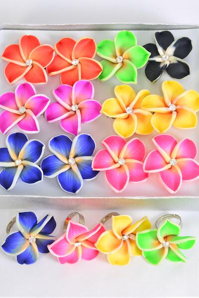 Rings Paint Flower Aloha Multi Aloha / 12 pcs = Dozen Adjustable , Flower Size - 1" Wide , 2 Fuchsia , 2 Hot Pink, 2 Blue , 2 Orange , 2 Yellow , 1 Black , 1 Lime green Color Asst