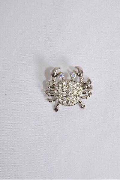 Brooch Crab W Rhinestones Clear / PC Clear - Size - 1" x 0.75" Wide , Display Card & OPP Bag