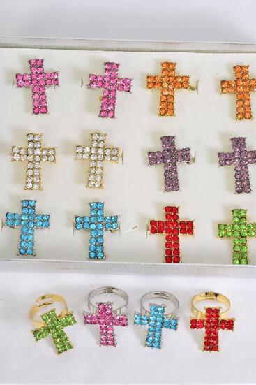 Rings Cross Metal Gold Silver Mix w Color Rhinestones / 12 pcs = Dozen Adjustable , Cross Size - 1.5" x 1" Wide , 2 Red , 2 Clear , 2 Blue , 2 Purple , 2 Fuchsia , 1 Yellow ,1 Lime Color Asst .