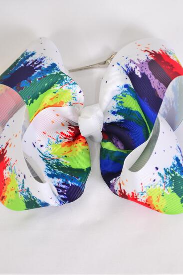 Hair Bow Jumbo White Paint Splatter Grosgrain Bow-tie / 12 pcs Bow = Dozen Alligator Clip , Size - 6" x 5" Wide , Clip Strip & UPC Code