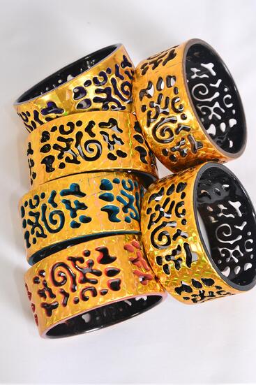  Bracelet Bangle Acrylic Holographic Multi Gold Spiral Symbol / 12 pcs = Dozen Gold , Size - 2.75" x 1.25" Dia Wide , 2 of each Pattern Asst , Hang Tag & OPP Bag & UPC Code