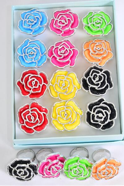 Rings Poly Rose Silver Trim Adjustable Multi / 12 pcs = Dozen Adjustable ,  Flower Size - 1.25" Wide , 2 Red , 2 Black , 2 Yellow , 2 Fuchsia , 2 Lime , 1 Blue , 1 Orange Color Asst