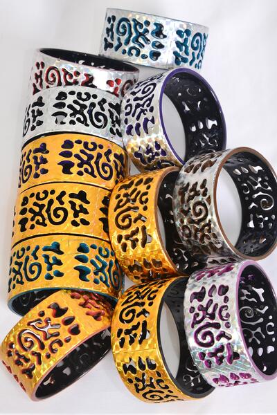 Bracelet Bangle Acrylic Holographic Spiral Symbol Multi Gold Silver Mix / 12 pcs = Dozen Multi , Size - 2.75" x 1.25" Dia Wide , 2 of each Pattern Asst , Hang Tag & OPP Bag & UPC Code