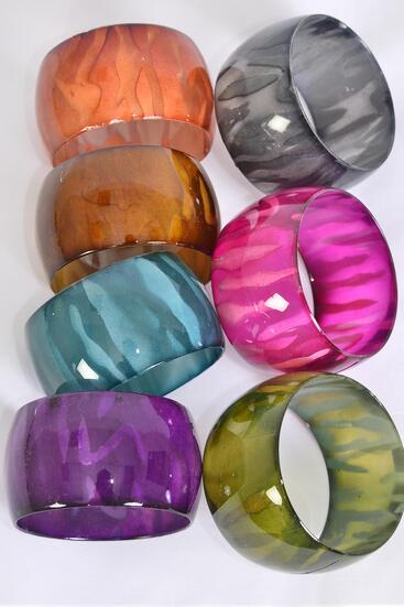 Bracelet Bangle Acrylic Wide Transparent Stripe Multi / 12 pcs = Dozen Multi , Size - 2.75" x 1.75" Dia Wide , 2 Black , 2 Purple , 2 Blue , 2 Fuchsia , 2 Yellow , 1 Green , 1 Orange Mix , Hang Tag & OPP Bag & UPC Code