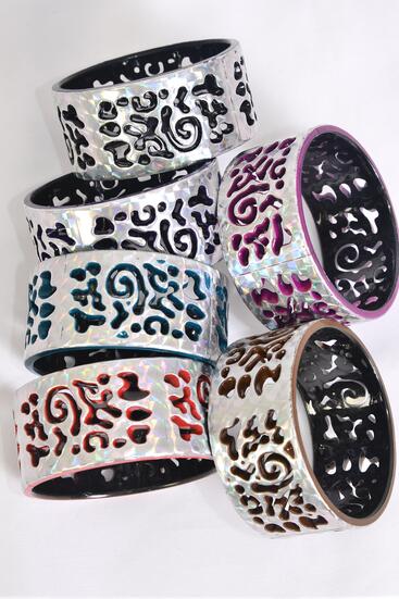 Bracelet Bangle Acrylic Holographic Multi Silver Spiral Symbol / 12 pcs = Dozen Silver , Size - 2.75" x 1.25" Dia Wide , 2 of each Pattern Asst , Hang Tag & OPP Bag & UPC Code