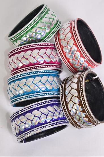 Bracelet Bangle Acrylic Holographic  Multi Silver Herringbone Pattern / 12 pcs = Dozen Multi , Hinge , Size - 2.75" x 1.25" Dia Wide , 2 of each Pattern Asst , Hang Tag & OPP Bag & UPC Code