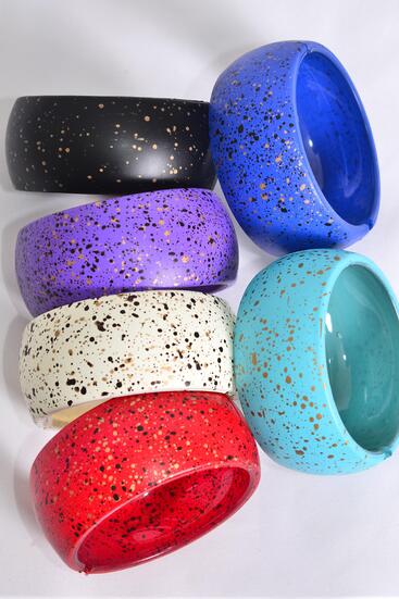 Bracelet Bangle Hinge Acrylic Speckle Multi / 12 pcs = Dozen Hinge , Size - 2.75" x 1.25" Wide , 2 of each Color Asst , Hang Tag & OPP bag & UPC Code
