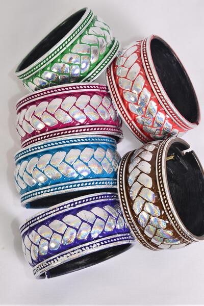 Bracelet Bangle Acrylic Holographic  Multi Silver Herringbone Pattern / 12 pcs = Dozen Multi , Hinge , Size - 2.75" x 1.25" Dia Wide , 2 of each Pattern Asst , Hang Tag & OPP Bag & UPC Code