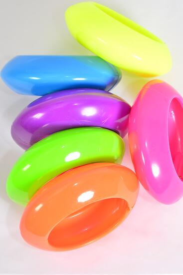 Bracelet Bangle Hinge Acrylic Ridged Saucer Neon Color Asst / 12 pcs = Dozen Size - 2.75" x 1.25" Dia Wide , 2 of each Color Asst , Hang Tag & OPP Bag & UPC Code