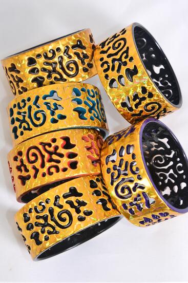  Bracelet Bangle Acrylic Holographic Multi Gold Spiral Symbol / 12 pcs = Dozen Gold , Size - 2.75" x 1.25" Dia Wide , 2 of each Pattern Asst , Hang Tag & OPP Bag & UPC Code