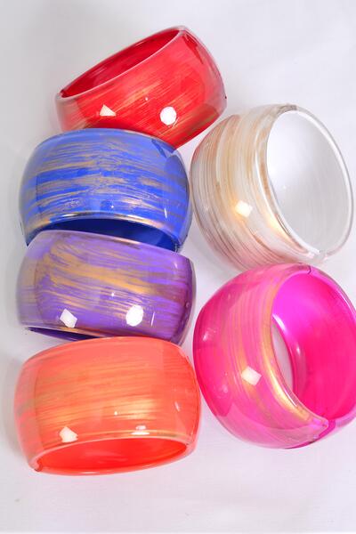 Bracelet Bangle Acrylic Wide Hinge Brush Stroked Multi / 12 pcs = Dozen Multi , Size - 2.75" x 1.75" Dia Wide , 2 Red , 2 White , 2 Fuchsia , 2 Blue , 2 Purple , 2 Orange Mix , Hang Tag & OPP bag & UPC Code
