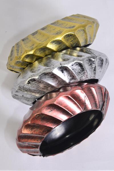Bracelet Bangle Hinge Acrylic Ridged Saucer Antique Finish / 12 pcs = Dozen  Hinge , 4 Of each Pattern Mix , Hang Tag & OPP bag & UPC Code 