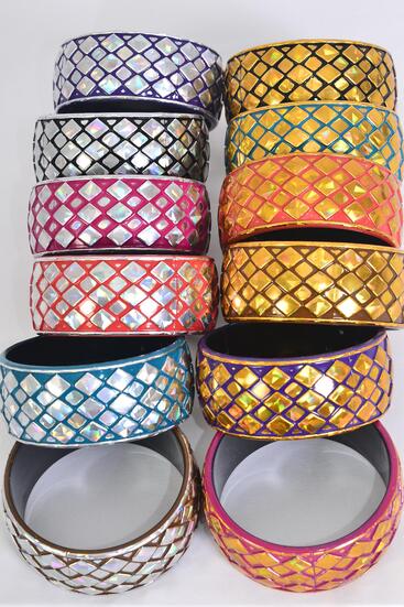 Bracelet Bangle Acrylic Holographic Gold Silver Mix Multi / 12 pcs = Dozen Multi , Size - 2.75" x 1.25" Wide , 2 of each Color Asst , Hang Tag & OPP Bag & UPC Code