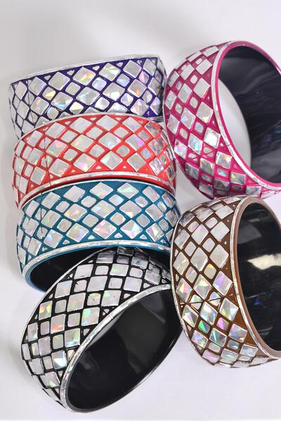 Bracelet Bangle Acrylic Holographic Silver Mix Multi / 12 pcs = Dozen Silver , Size - 2.75" x 1.25" Wide , 2 of each Pattern Asst , Hang Tag & OPP Bag & UPC Code
