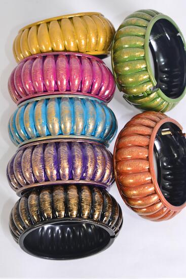 Bracelet Bangle Fall Hinge Acrylic Brush Stroke Ridged Multi / 12 pcs = Dozen Hinge , Size - 2.75" x 1.5" Wide , 2 Blue , 2 Purple , 2 Fuchsia , 2 Gold , 2 Black , 1 Green , 1 Orange Color Asst , hang Tag & Opp bag & UPC Code