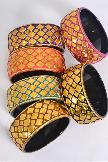 Bracelet Bangle Acrylic Holographic Gold Mix Multi / 12 pcs = Dozen Multi , Hinge , Size - 2.75" x 1.25" Dia Wide , 2 of each Pattern Asst , Hang Tag & OPP Bag & UPC Code