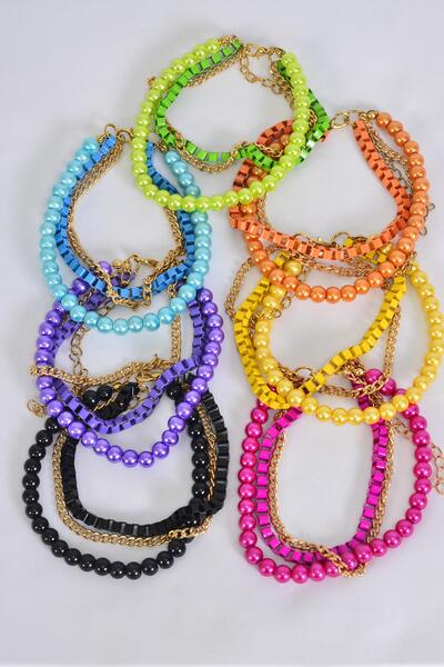 Bracelet 8 mm Glass Pearl w Chain Mix Multi / 12 pcs = Dozen Adjustable Length , 2 Black , 2 Blue , 2 Fuchsia , 2 Purple , 2 Orange , 1 Lime , 1 Yellow Color Mix , Hang Tag & OPP bag & UPC Code 
