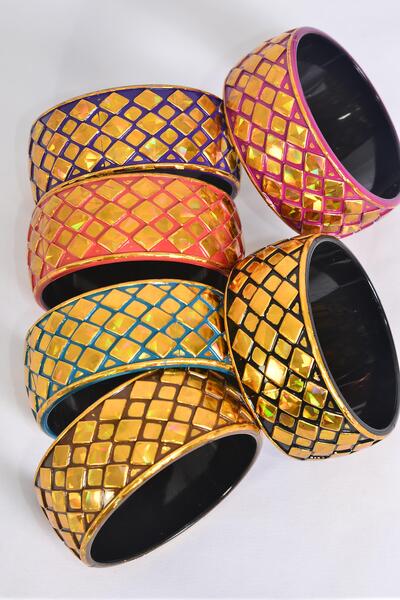 Bracelet Bangle Acrylic Holographic Gold Mix Multi / 12 pcs = Dozen Multi , Hinge , Size - 2.75" x 1.25" Dia Wide , 2 of each Pattern Asst , Hang Tag & OPP Bag & UPC Code