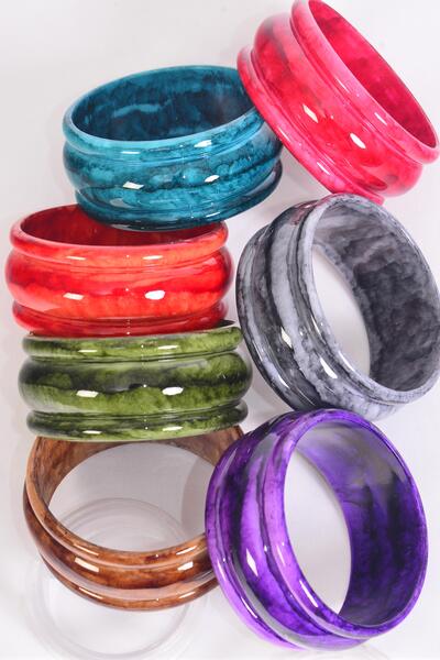 Bracelet Bangle Acrylic Marble Look Multi / 12 pcs = Dozen Multi , Size - 2.75" x 1.25" Dia Wide , 2 Gray , 2 Brown , 2 Purple , 2 Green , 2 Blue , 1 Red , 1 Orange Color Mix , Hang Tag & OPP Bag & UPC Code