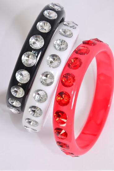 Bracelet Bangle Acrylic Clear Stones All Around Red White Black Mix / 12 pcs = Dozen  Size - 2.75" x 0.5" Dia Wide , 4 Red , 4 White , 4 Black Color Mix , Hang Tag & OPP Bag & UPC Code