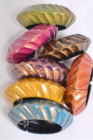 Bracelet Bangle Brush Stroke Acrylic Hinge Ridged Fall Color Asst / 12 pcs = Dozen  Hinge , Size - 2.75" x 1.25" Dia Wide , 2 Blue , 2 Purple , 2 Fuchsia , 2 Gold , 2 Bk , 1 Green , 1 Orange Color Mix , Hang Tag & Opp bag & UPC Code
